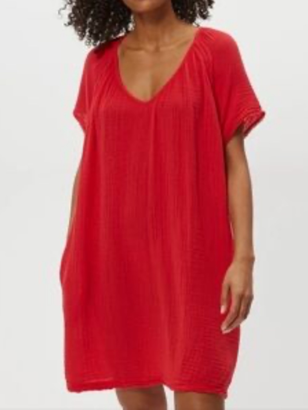 Michael Stars Gauze Cotton Dress Red V-Neck Tunic Short Sleeve Crochet Trim XS